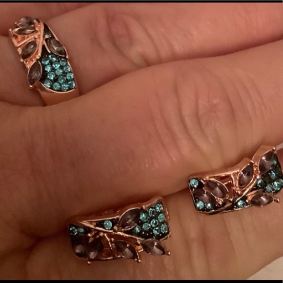 Rose Gold Ring 10 & Earrings, Amethyst leaves & Teal Zircon - Picture 7 of 12